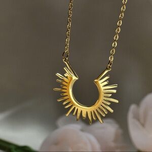 Gold Stainless Steel Sunburst Pendant Necklace